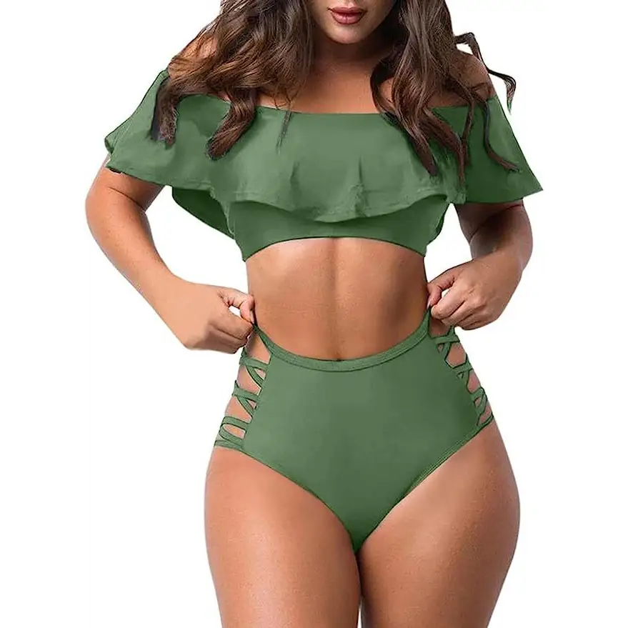 Flounced Split Tube Top Bikini - Army Green / S