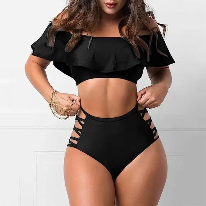 Flounced Split Tube Top Bikini - Black / S