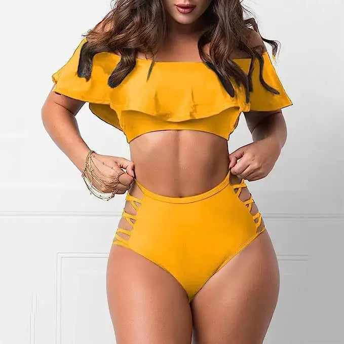 Flounced Split Tube Top Bikini - Sunflower Color / S