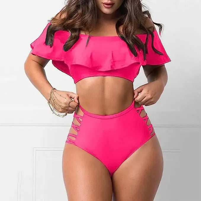 Flounced Split Tube Top Bikini - Watermelon Red / S