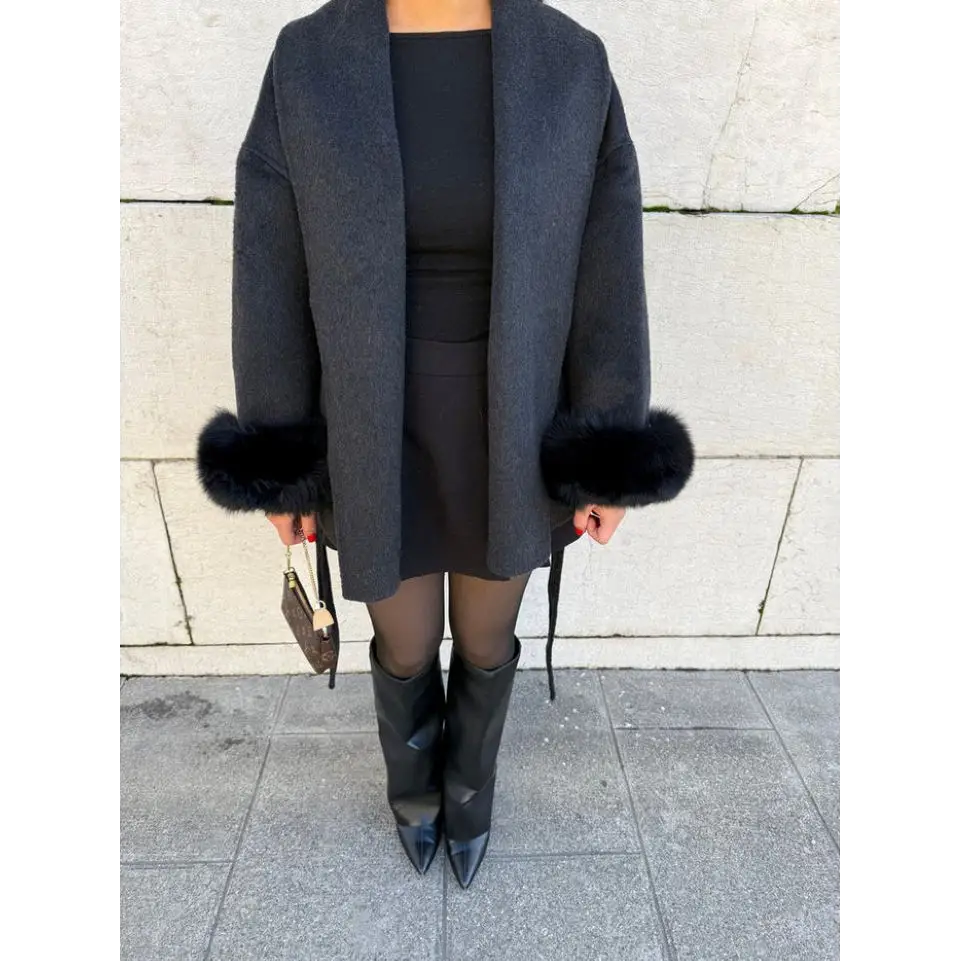 FluffyCoat: Luxe Furry Long Overcoat - Black / S