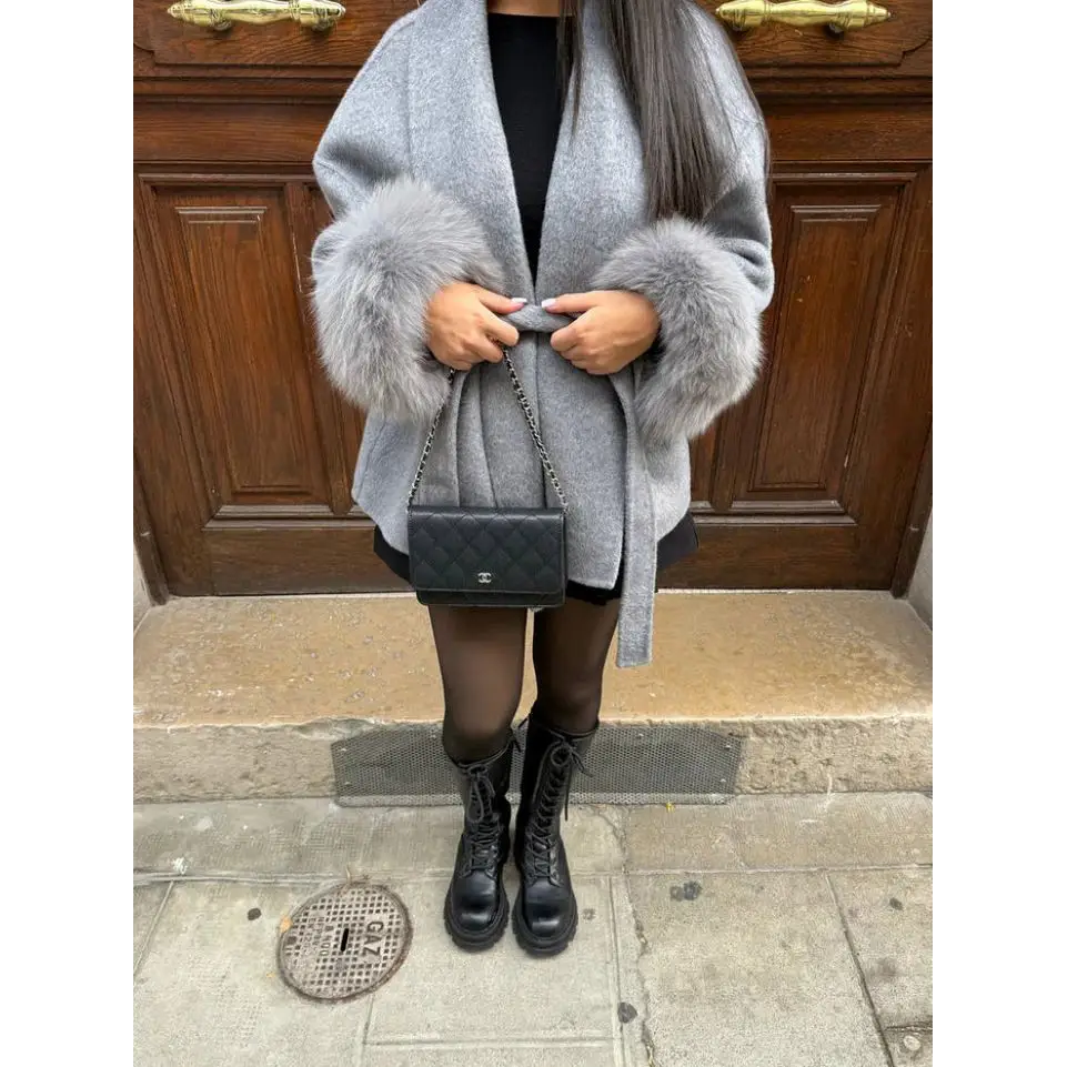 FluffyCoat: Luxe Furry Long Overcoat - Light Gray / S