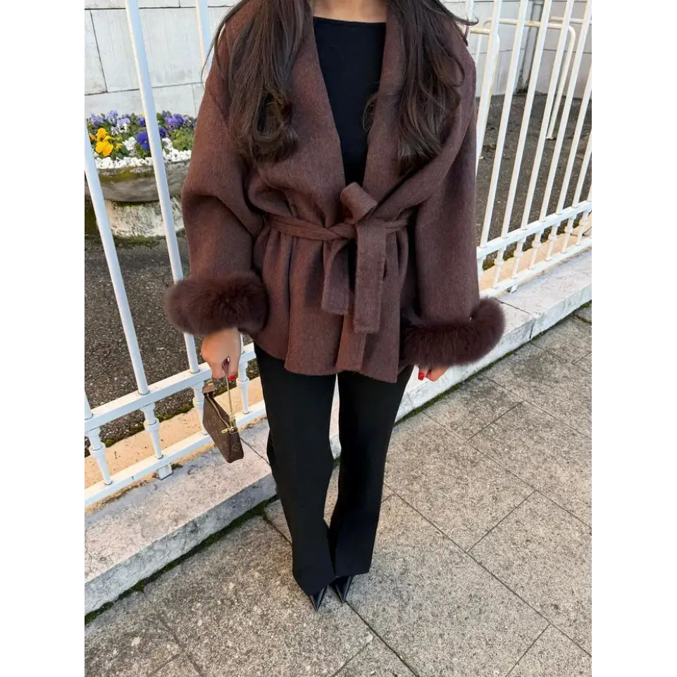 FluffyCoat: Luxe Furry Long Overcoat - Reddish Brown / S