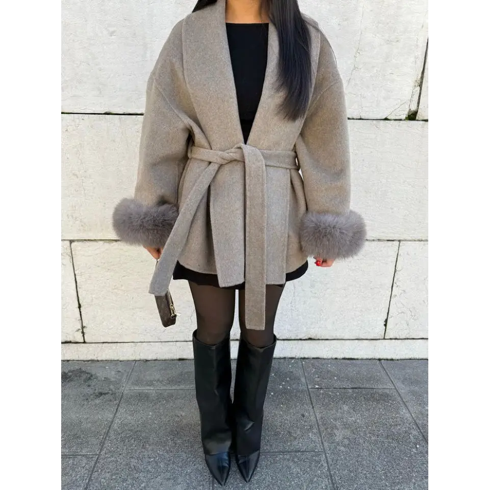 FluffyCoat: Luxe Furry Long Overcoat - Taupe / S