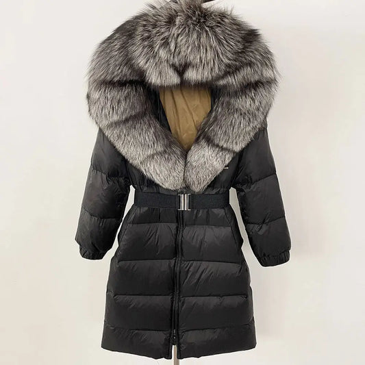 Black down coat with fur-trimmed hood.