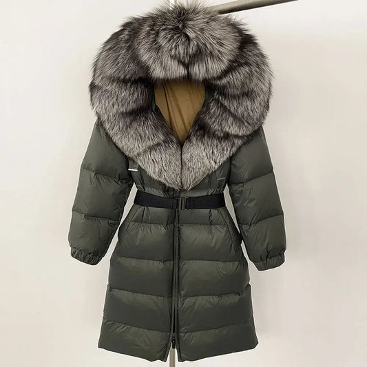 Olive green down coat with fur-trimmed hood.