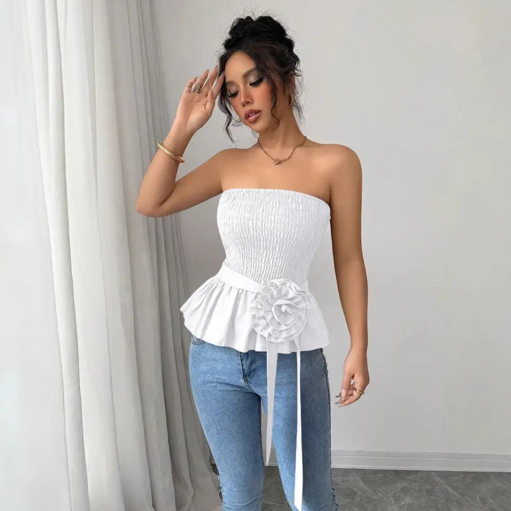 White strapless peplum top.