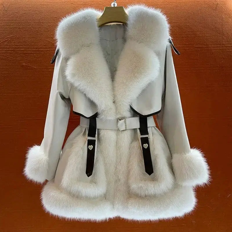 White fur-trimmed belted coat.