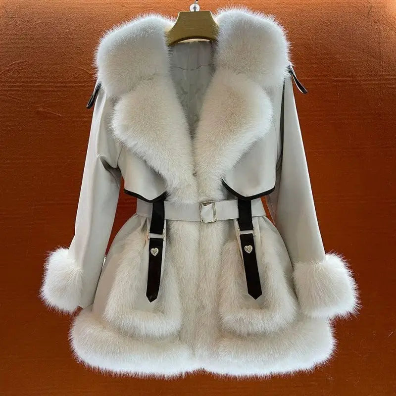 White fur-trimmed belted coat.