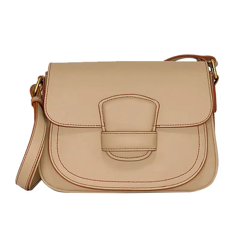 Genuine Leather Two Layer Round Suitcase Bag with Zipper Pocket - Cream Apricot