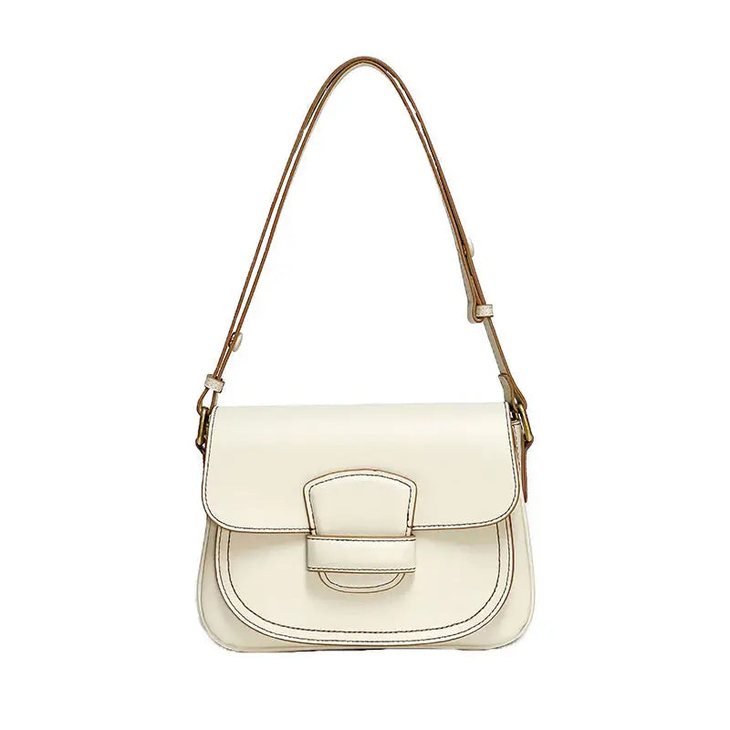 Genuine Leather Two Layer Round Suitcase Bag with Zipper Pocket - White