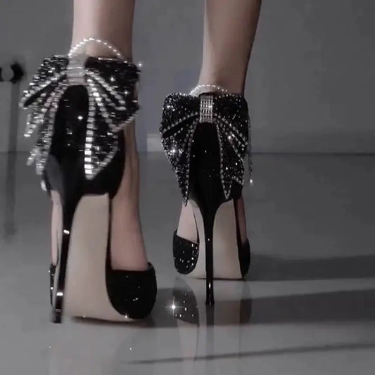 Glam Black Paillette Bow Pointed Heels