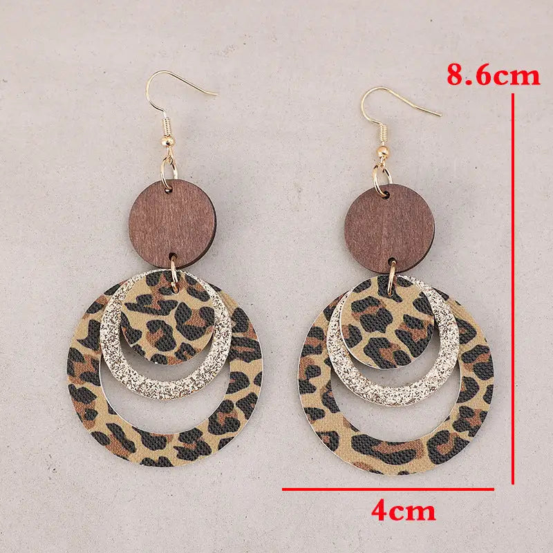 GlamRoar Triple Layer Sequin Leather Earrings - Leopard Print