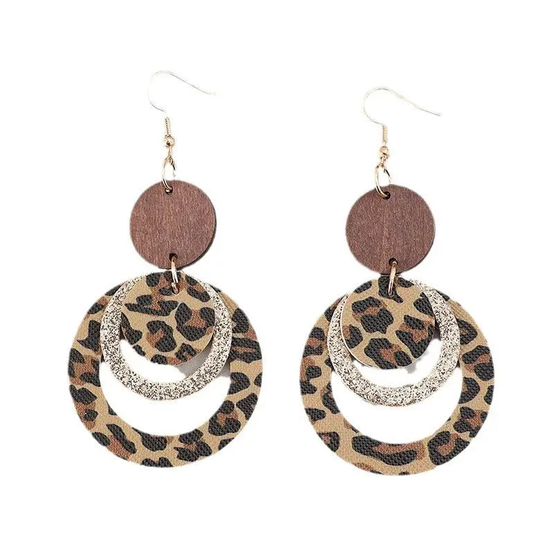 GlamRoar Triple Layer Sequin Leather Earrings - Leopard Print