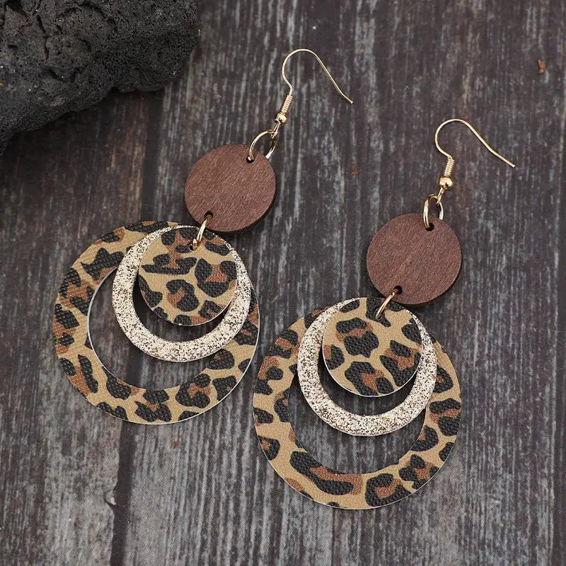 GlamRoar Triple Layer Sequin Leather Earrings - Leopard Print