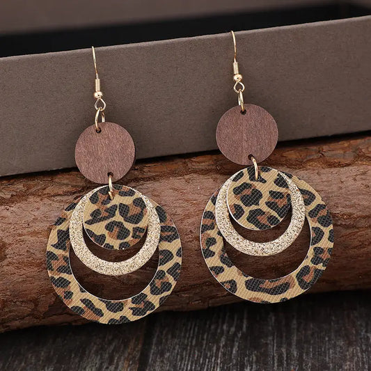 GlamRoar Triple Layer Sequin Leather Earrings - Leopard Print
