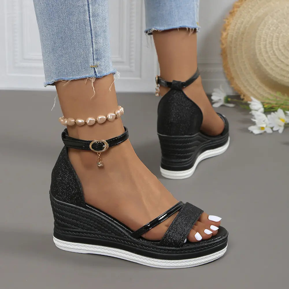 GlamStep: Rhinestone Peep Toe Sandals - Black / 36