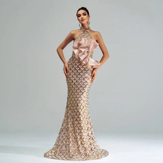 GlitzGlam Halter Mermaid Gown