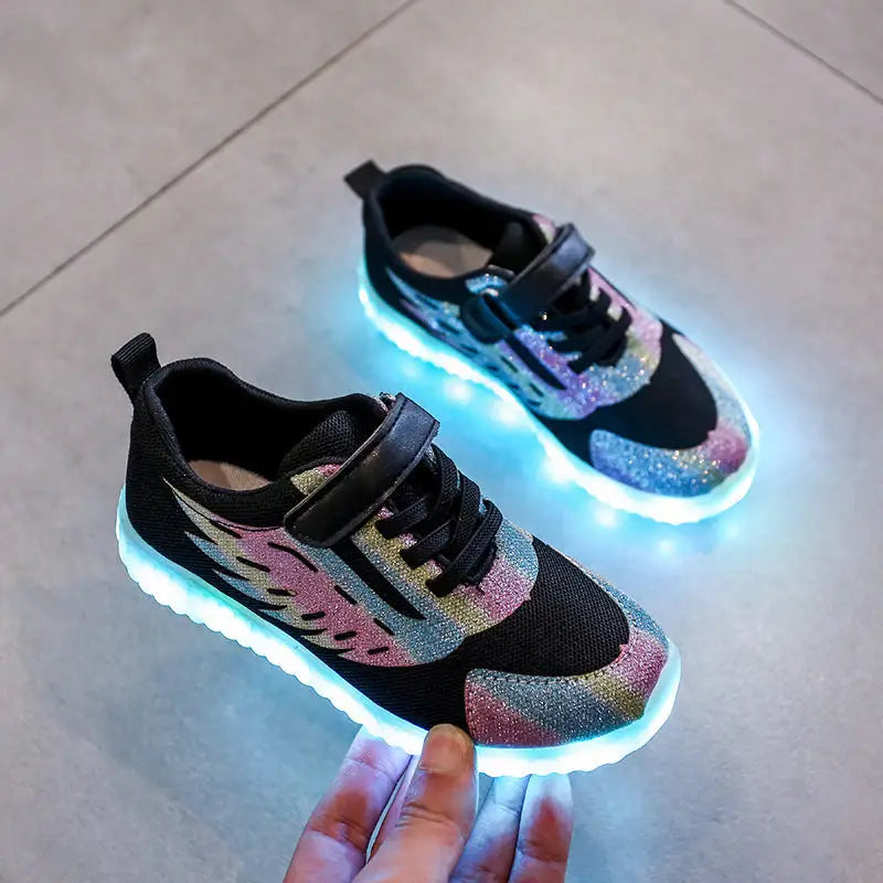 GlowWing USB Kids’ Light-Up Mesh Shoes - Black / 22