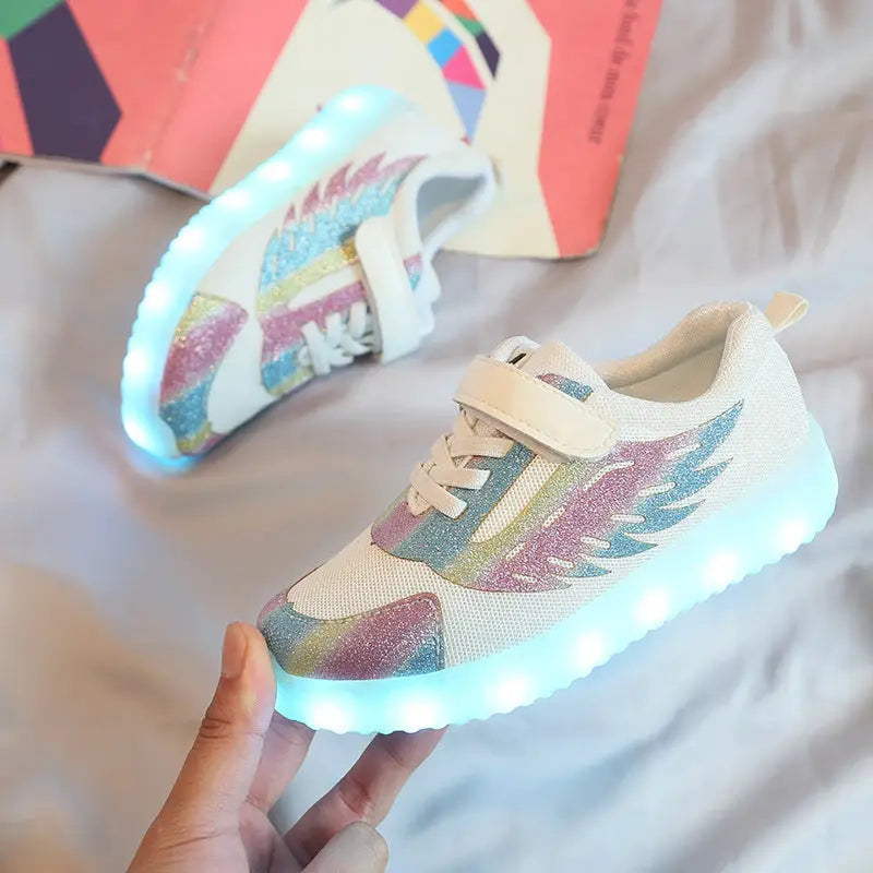 GlowWing USB Kids’ Light-Up Mesh Shoes - White / 22
