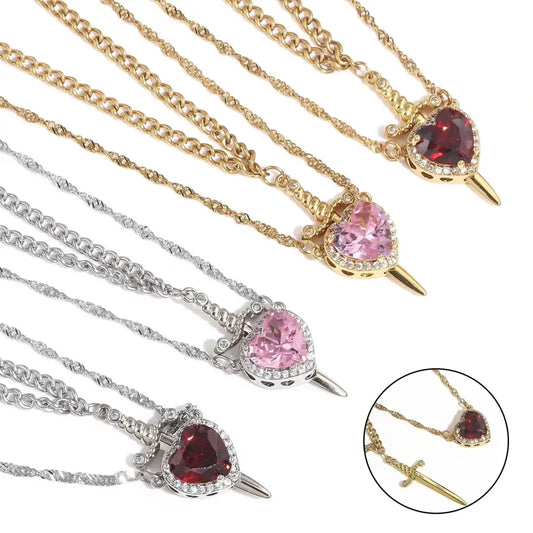 Golden Bond: Crystal Heart & Sword Necklace Set