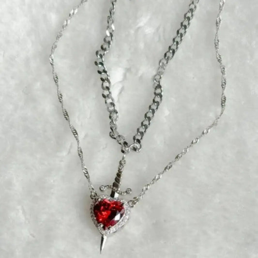 Golden Bond: Crystal Heart & Sword Necklace Set