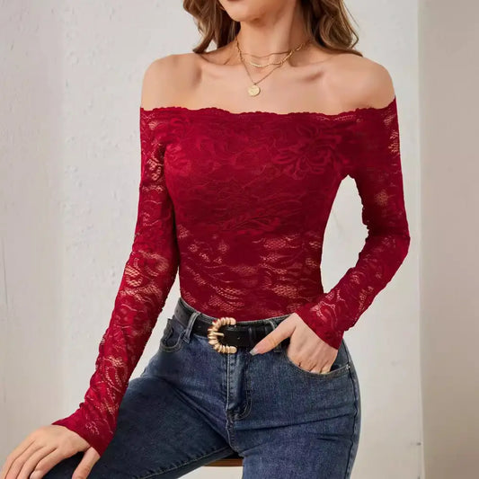 Graceful Lace Off-Shoulder Fan Collar Top