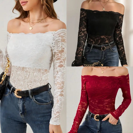 Graceful Lace Off-Shoulder Fan Collar Top
