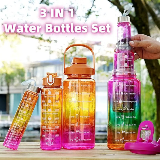 Gradient Color Motivational Water Bottles Set 3 Piece with Straw Cup
