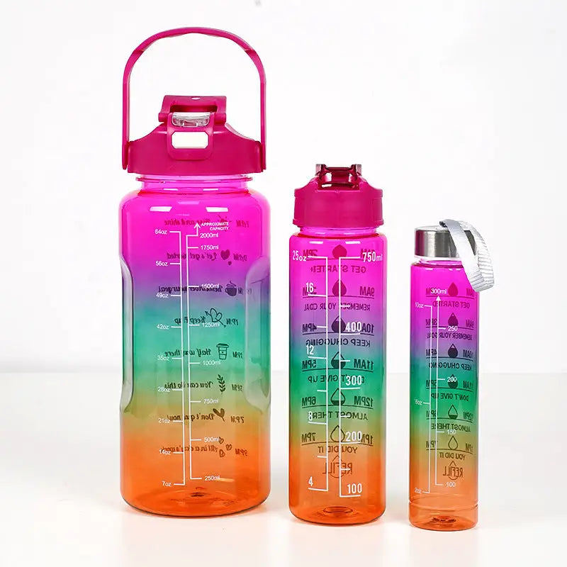 Gradient Color Motivational Water Bottles Set 3 Piece with Straw Cup