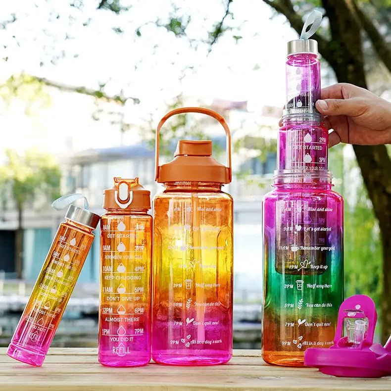 Gradient Color Motivational Water Bottles Set 3 Piece with Straw Cup