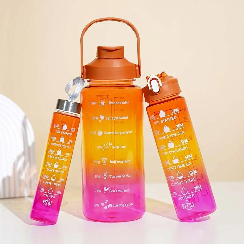 Gradient Color Motivational Water Bottles Set 3 Piece with Straw Cup