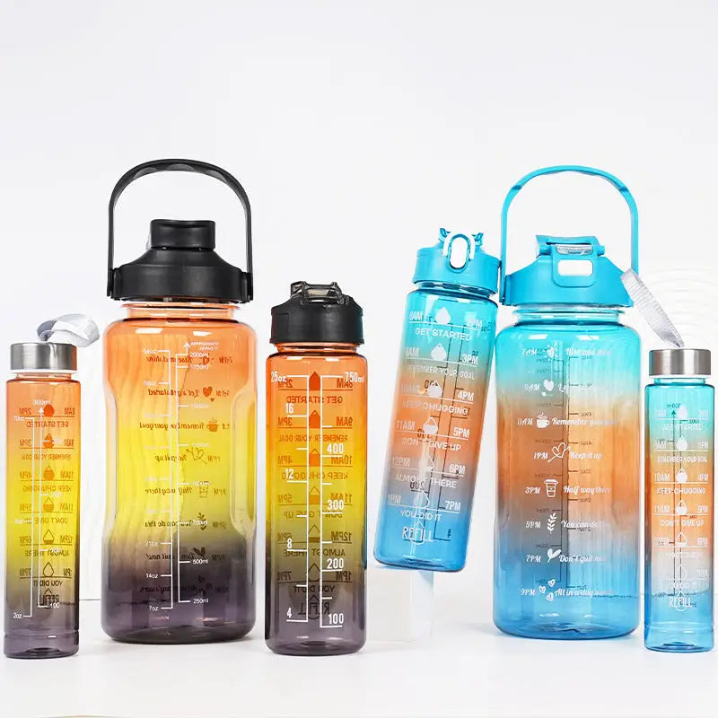 Gradient Color Motivational Water Bottles Set 3 Piece with Straw Cup