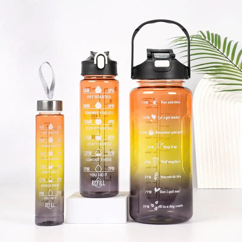 Gradient Color Motivational Water Bottles Set 3 Piece with Straw Cup Orange Yellow Black / 2000ml 750ml 300ml