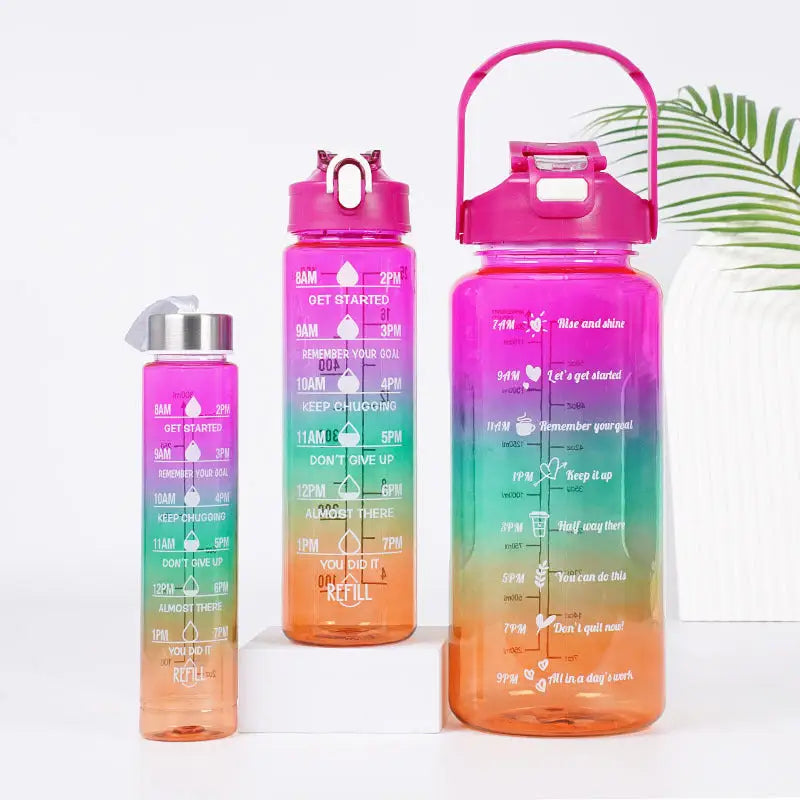 Gradient Color Motivational Water Bottles Set 3 Piece with Straw Cup Red Green Orange / 2000ml 750ml 300ml