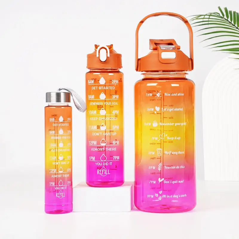 Gradient Color Motivational Water Bottles Set 3 Piece with Straw Cup Orange Yellow Red / 2000ml 750ml 300ml