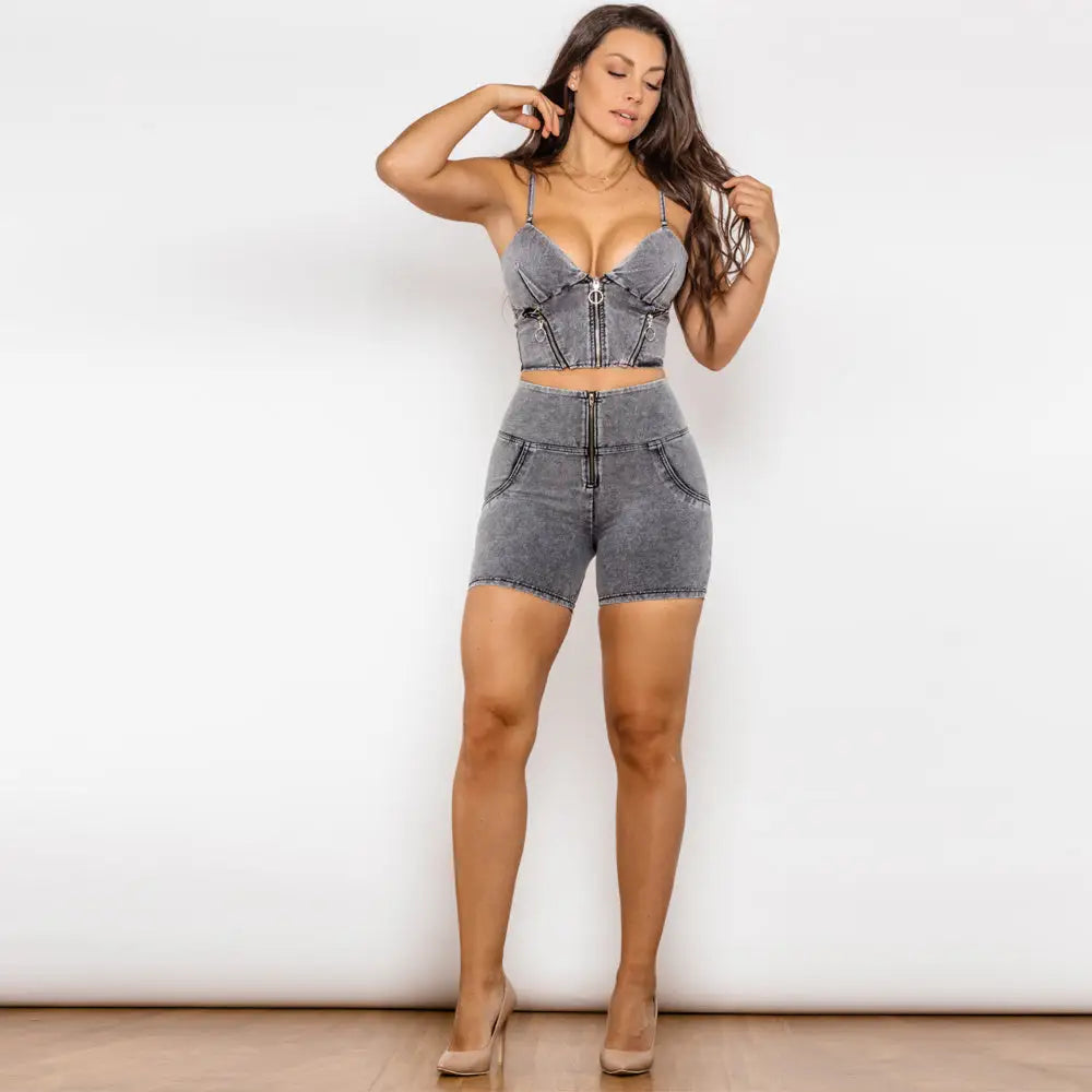 Grey Chic: Shaper Jean Set & Zipper Crop Top Duo - XXS - 4