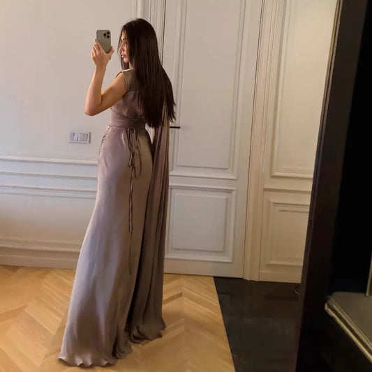 Greyish Purple Sleeveless Long Skirt with Ribbon Detail