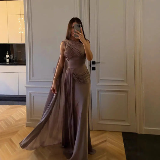 Greyish Purple Sleeveless Long Skirt with Ribbon Detail