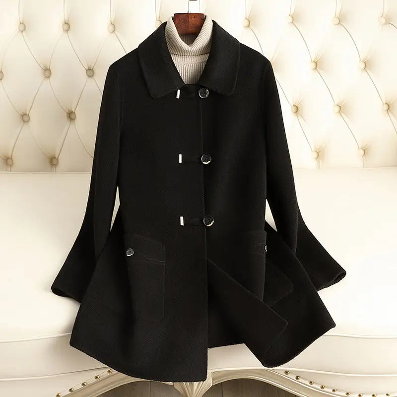 Black wool coat with buttons.