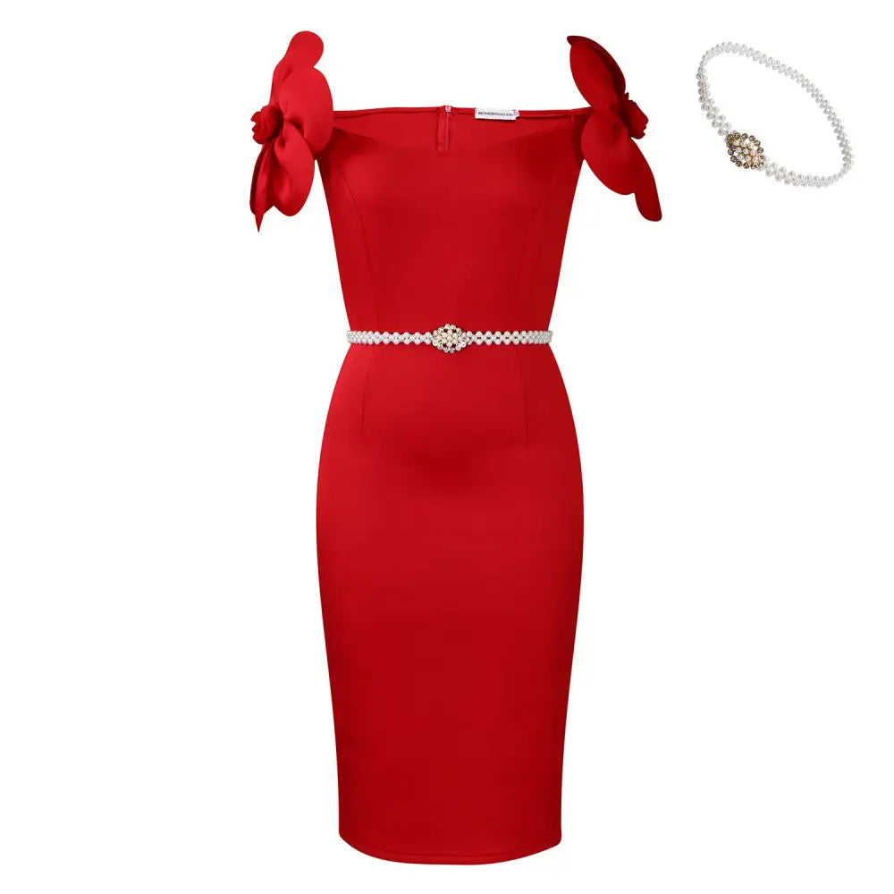 High Waist Midi Skirt with Colored Belt in Multiple Sizes - Red Belt / S