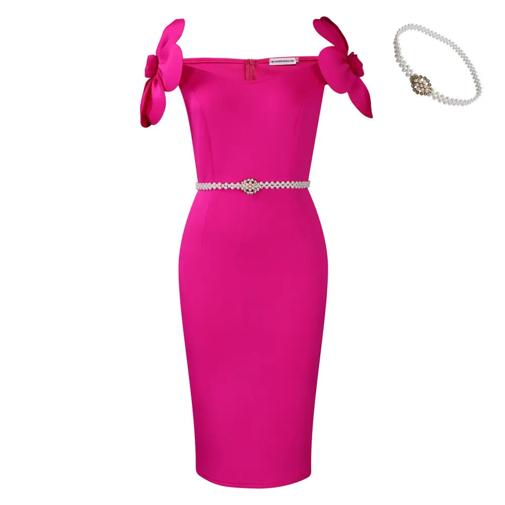 High Waist Midi Skirt with Colored Belt in Multiple Sizes - Rose Red Belt / S