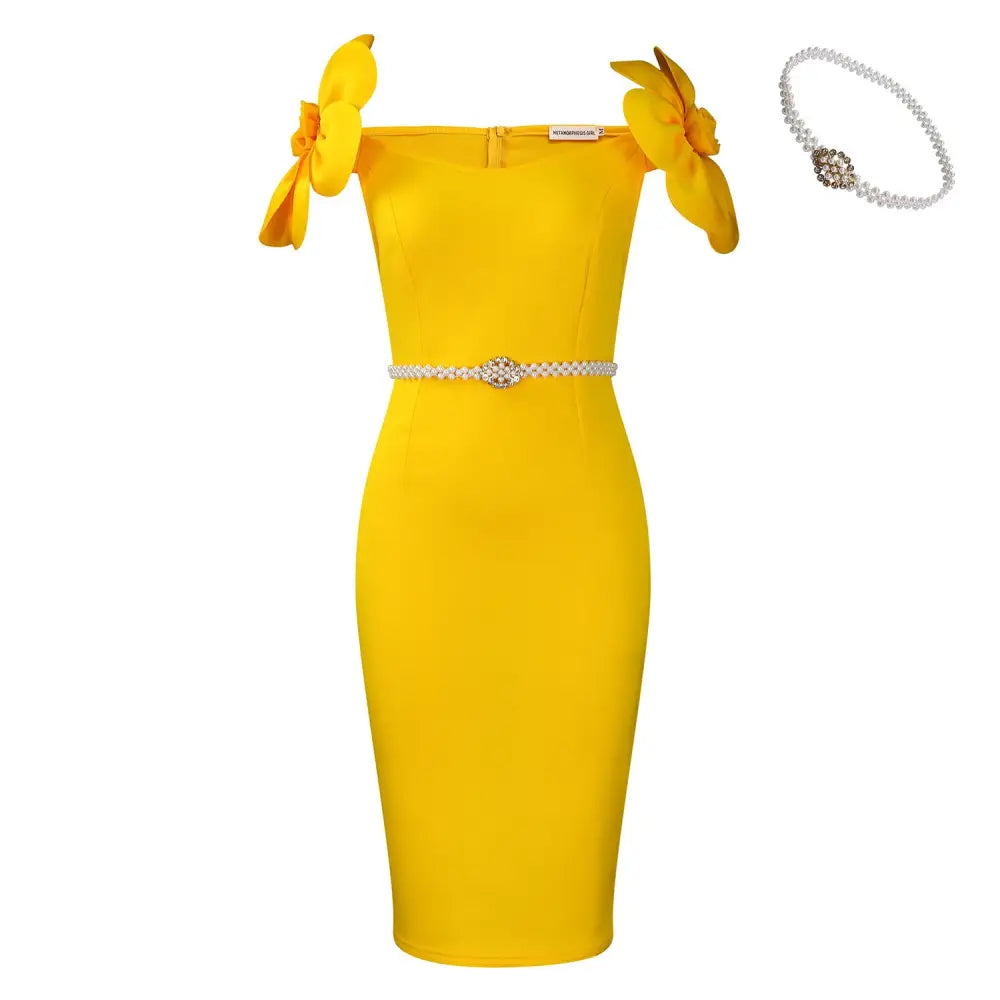 High Waist Midi Skirt with Colored Belt in Multiple Sizes - Yellow Belt / S