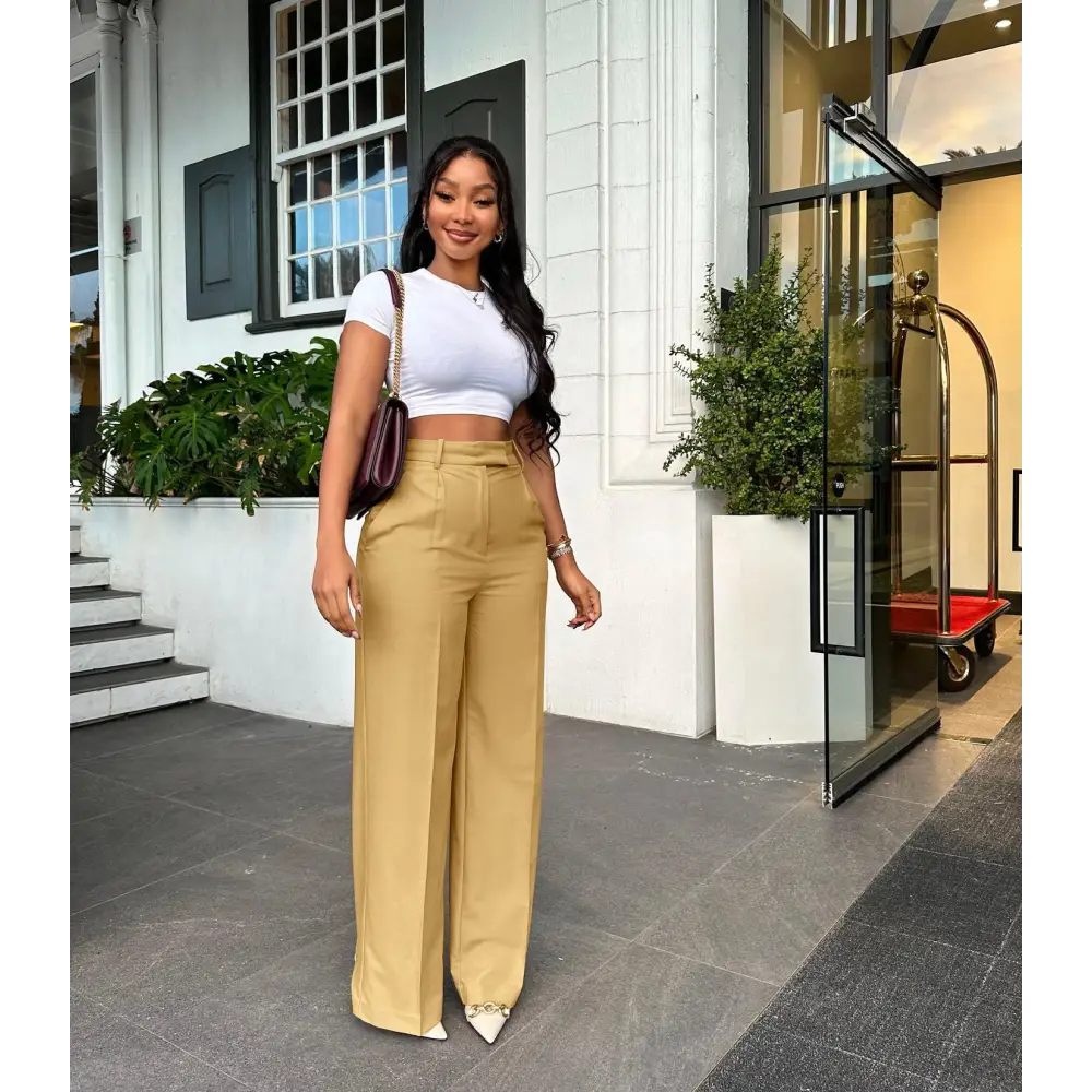 High-Waist Straight-Leg Pants - Khaki / S