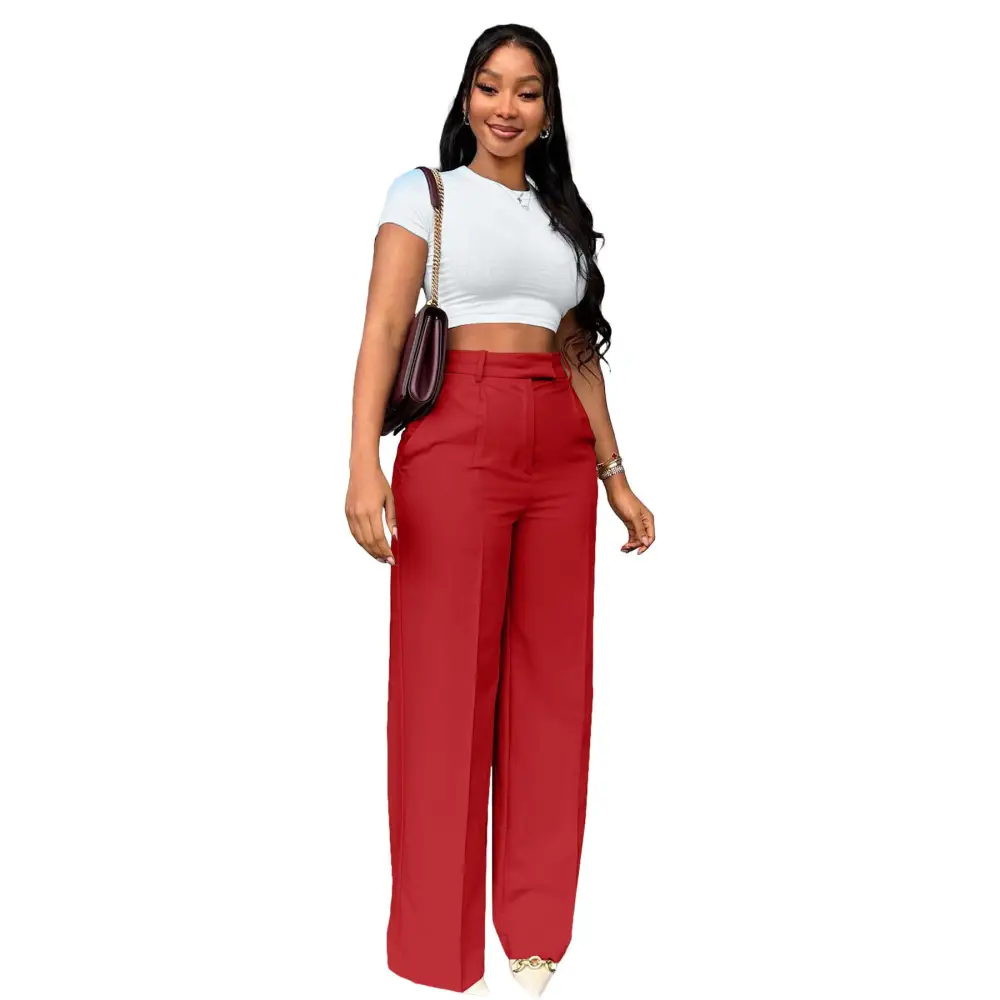 High-Waist Straight-Leg Pants - Red / S