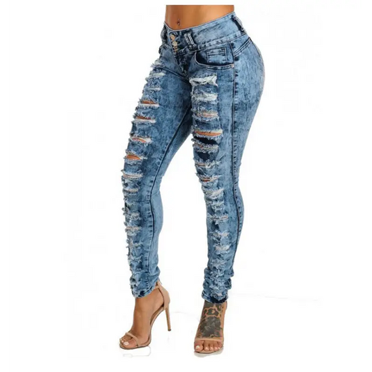 High-Waisted Breasted Ripped Jeans
