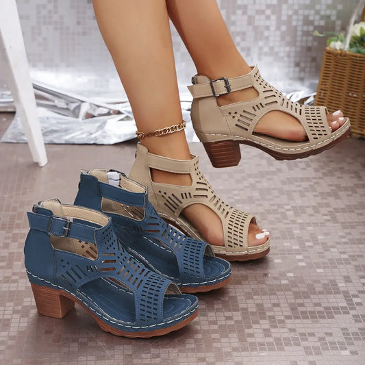 Hollow Chic Chunky Heel Peep-Toe Sandals