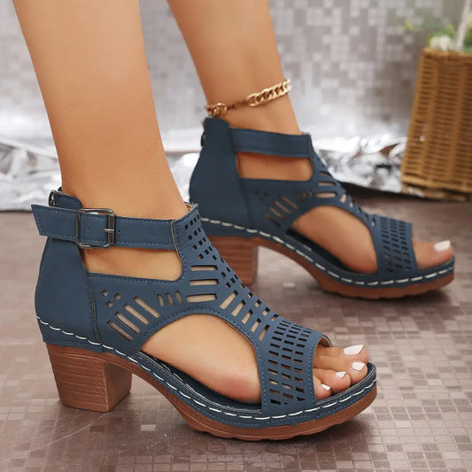 Hollow Chic Chunky Heel Peep-Toe Sandals