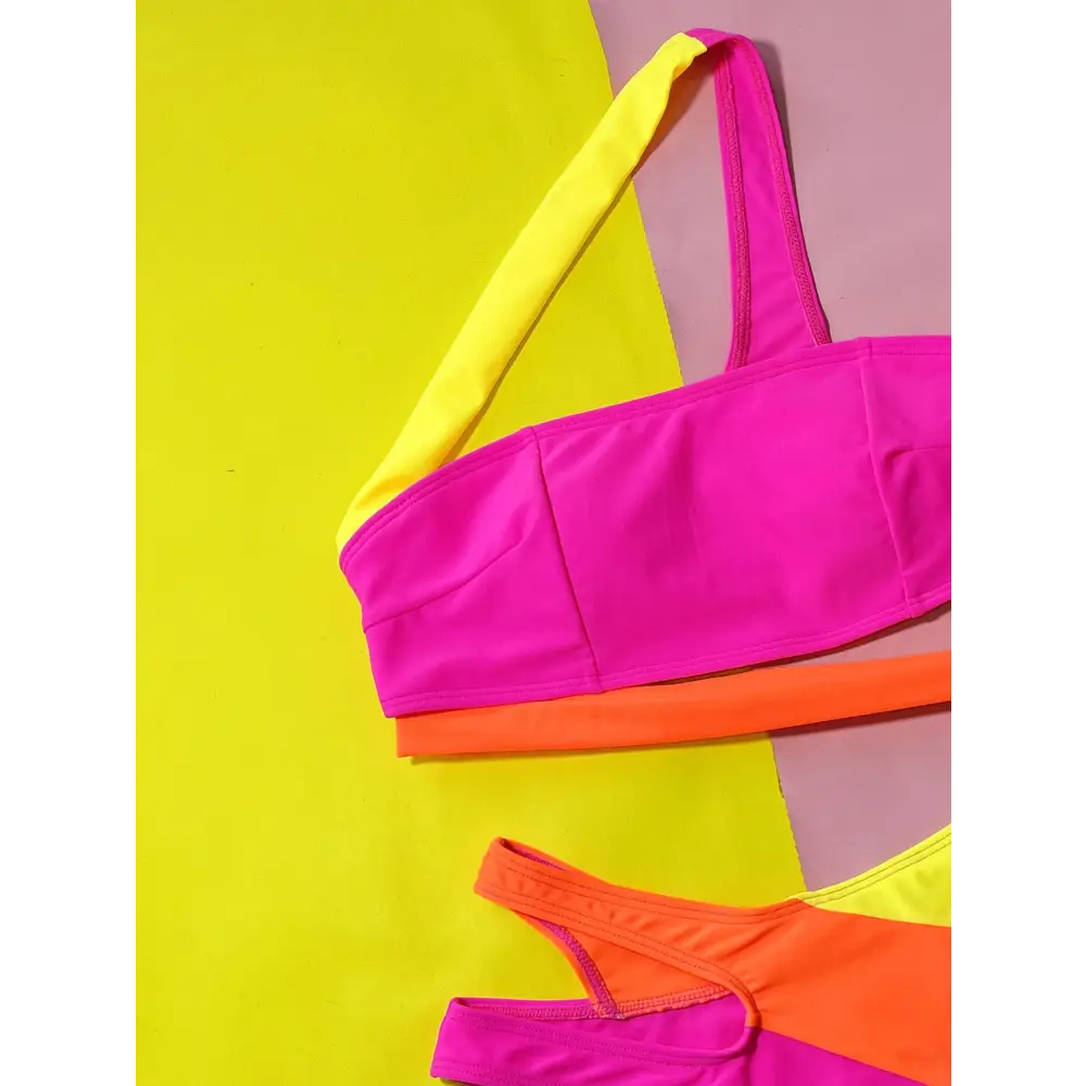 Hollow Contrast Color Split Bikini Swimsuit