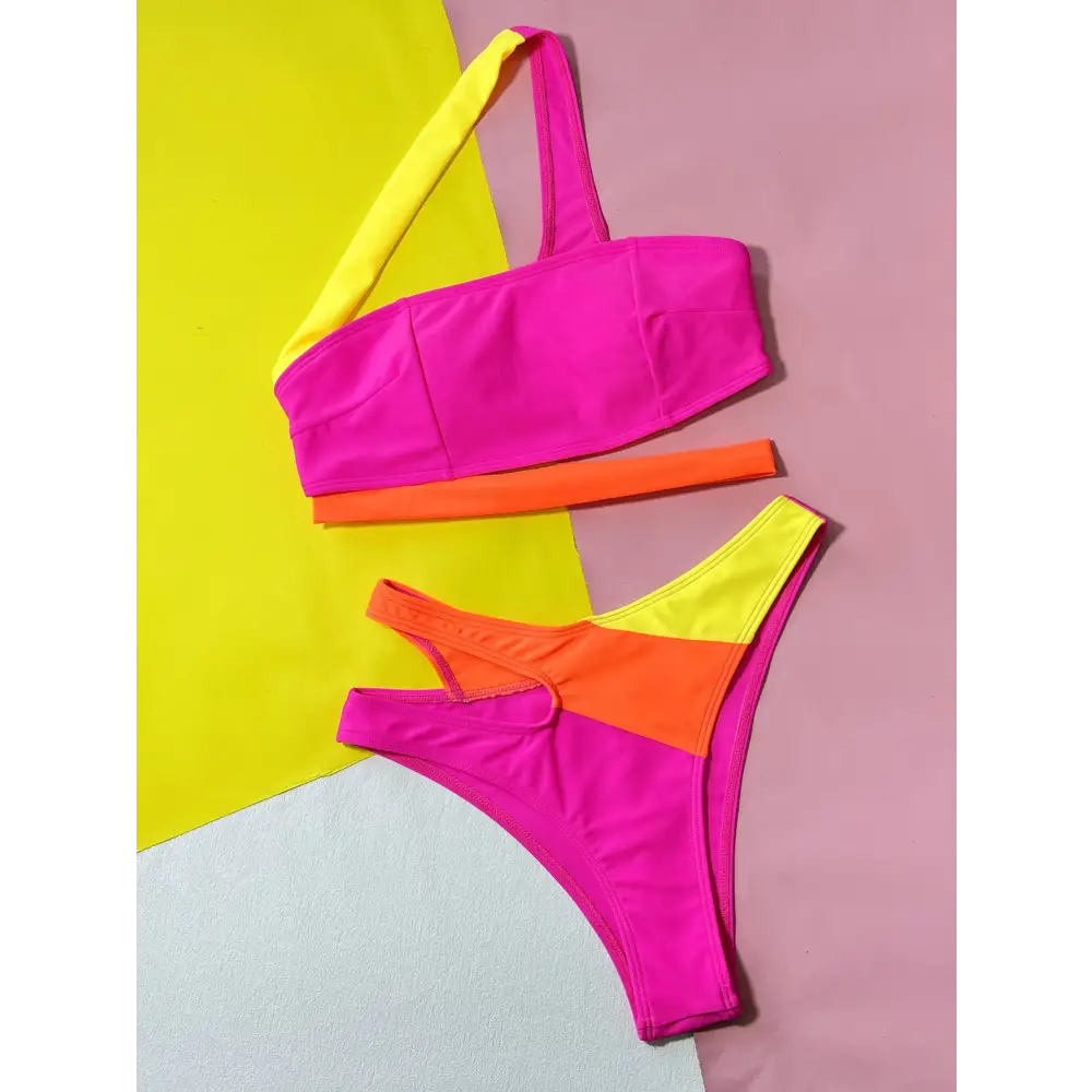 Hollow Contrast Color Split Bikini Swimsuit